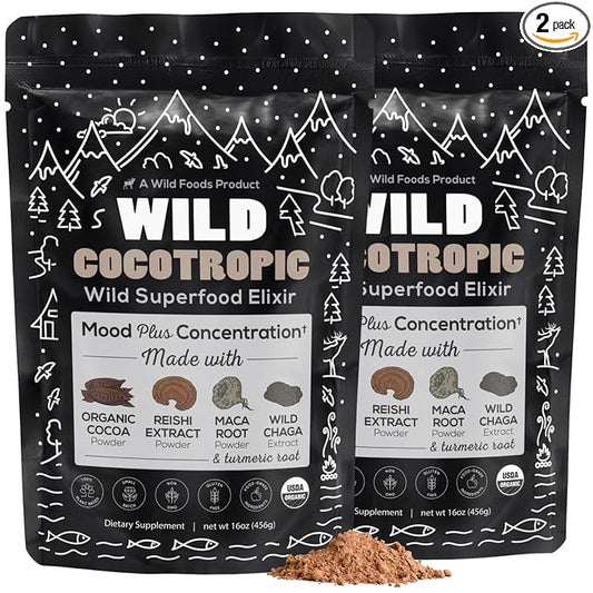 Wild Cocotropic Organic Mushroom Cocoa Mix - Healthy Vegan Hot Chocolate Mix - Organic Cacao Powder, Reishi, Chaga, Maca, Turmeric - 3rd Party Tested - Sugar Free - Keto & Paleo - (2 packs of 16oz)