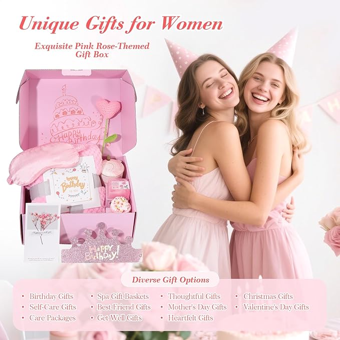 Birthday Gifts for Women Birthday Gift Basket Unique Pink Birthday Gift Box for Women Mug Gifts Set Relaxing Spa Self Care Gifts with Blanket for Mom Her Wife Grandma Girlfriend Coworker