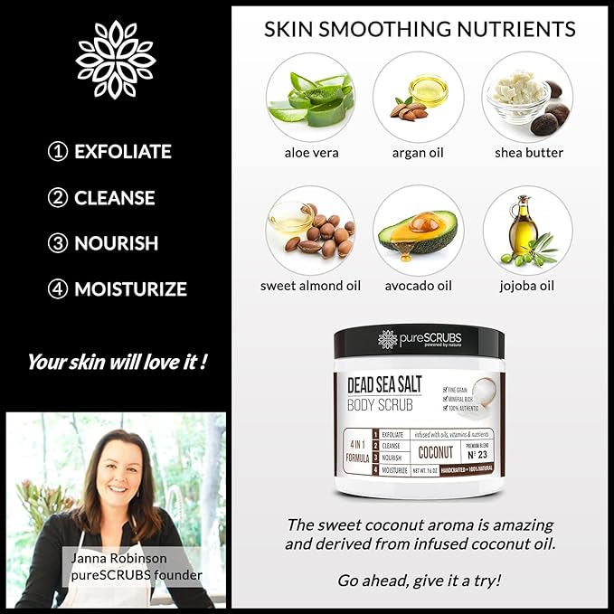 pureSCRUBS Premium Coconut Body Scrub Set - Large 16oz Dead Sea Salt Body Scrub With Infused Essential Oils & Nutrients, Includes Wooden Spoon, Loofah & Oatmeal Exfoliating Bar Soap