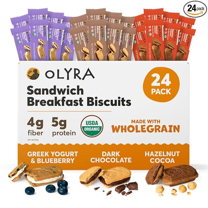 Olyra Variety Pack Sandwich Breakfast Biscuits, Healthy Snacks for Adults and Kids, Low Sugar, Organic Cookies, Office Snacks, USDA Certified, Non GMO 24 Packs