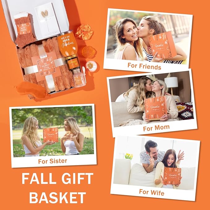 Self Care Package for Women, Orange Get Well Gifts for Women, Fall Gift Baskets for Woman, Thinking of You Self Care Gifts for Woman, Relaxing Birthday Spa Gift Baskets for Mom, Sister, Her, Friend
