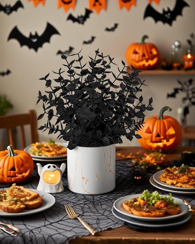 2 Pack Halloween Fake Plants Eucalyptus Potted, Black Artificial Plants, Black Decor for Home Desk Shelf Office Bathroom Coffee Table Halloween Decor