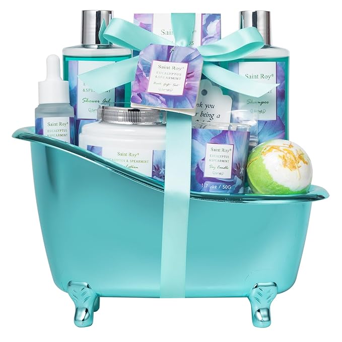 Bath and Body Basket Set Luxury EUCALYPTUS & Mint Spa Gift Basket for Women, Unique Bath Gift Baskets Gifts, Home Spa Kit Christmas Gifts for Women, birthday gift baskets for Dad Mother's Day
