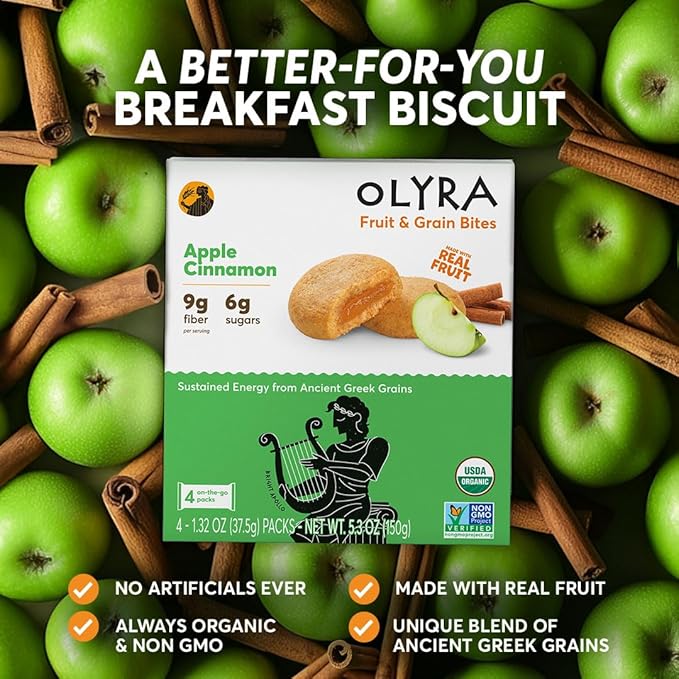 Olyra Organic Fruit Snacks, Fruit Bars, Healthy Snacks for Adults, Healthy Snack for Kids, High Fiber Snack, Soft Cookies, Low Sugar, Vegan Snacks, Office Breakfast Bars (Pack of 24, Apple & Cinnamon)