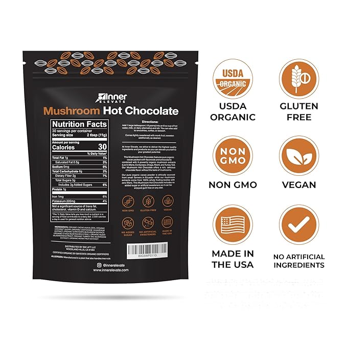 Inner Elevate Organic Mushroom Hot Chocolate - Ceremonial Cacao with 5 Adaptogenic Mushrooms - Great as a Coffee Alternative, Hot Chocolate, or Smoothie (30 Servings)