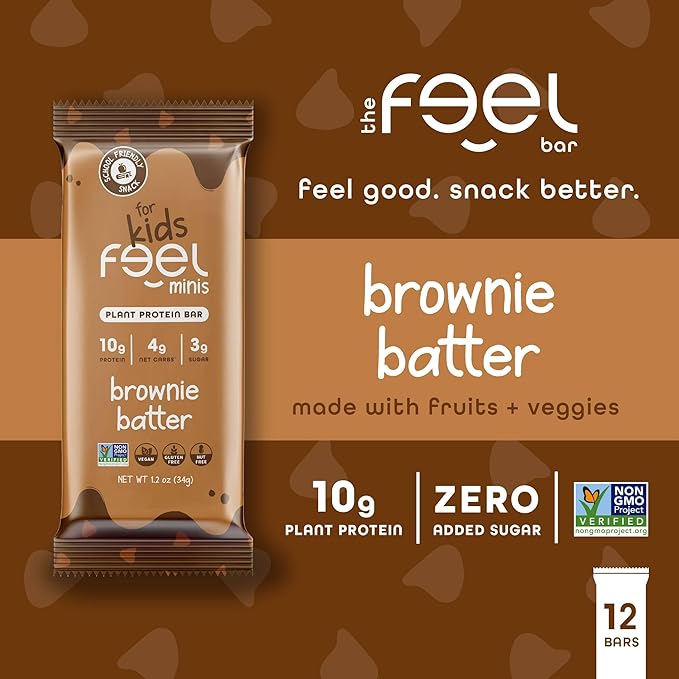 Feel Bar Minis – Kids Protein Bars | Brownie Batter – 12 Pack | 10g Plant Protein | 100 Calories | No Added Sugar | + Daily Veggies | Gluten Free, No Nuts, No Soy, No Dairy, No Grains