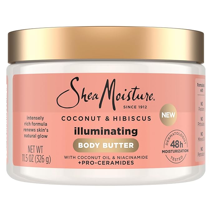 SheaMoisture Illuminating Body Butter with Coconut & Hibiscus, Niacinamide and Pro-Ceramides, Renewing Skin’s Natural Glow, 48H Moisturizing 11.5 oz