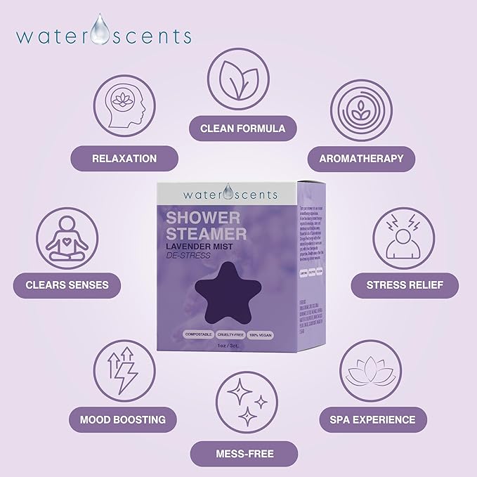 Water Scents Shower Steamer Mist – Aromatherapy Flower Fizzy with Lavender & Orange Essential Oils – Natural Self Care, Vegan, Travel Essentials, Stress Relief | 6-Packs