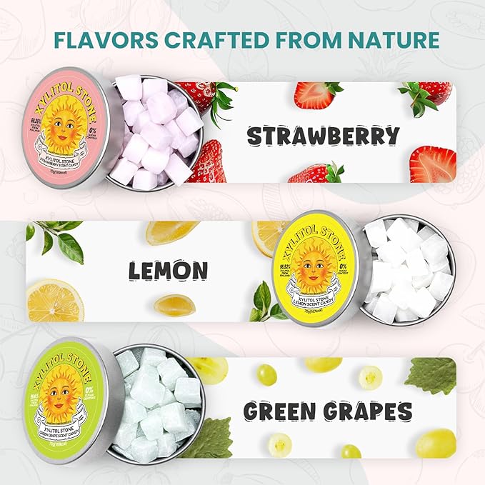 Xylitol Stone Sugar Free Candy - Vegan & Keto Friendly Unique Hard Candy - 100% Natural Flavor Candies - Gluten Free & Non-GMO Breath Freshener Mints - Pack of 3 (Strawberry, Green Grape, Lemon)