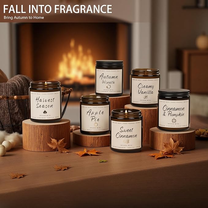 Auelife Fall Candles, 6 Pack Scented Candle Set, 42 oz Autumn Soy Candles for Home Scented, Fall Candle Gifts Set for Men and Women, Autumn Home Decor of Wreath/Apple/Latte/Harvest/Vanilla/Cinnamon