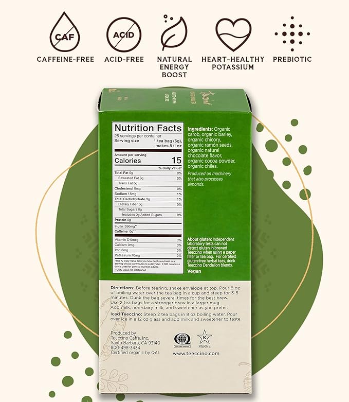 Teeccino Mexican Chocolate Herbal Tea - Rich & Roasted Herbal Tea That’s Caffeine Free & Prebiotic for Natural Energy, 25 Tea Bags