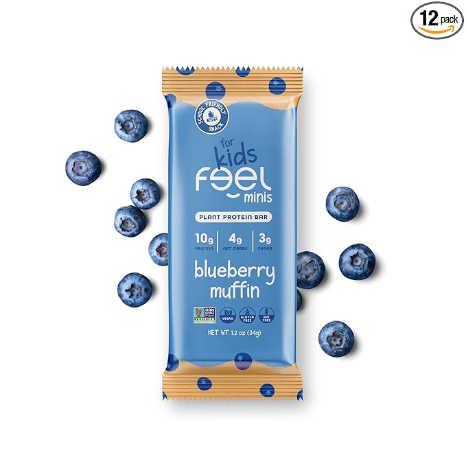 Feel Bar Minis – Kids Protein Bars | Blueberry Muffin | 10g Plant Protein | 100 Calories | No Added Sugar | + Daily Veggies | Gluten Free, No Nuts, No Soy, No Dairy, No Grains (12 Pack)