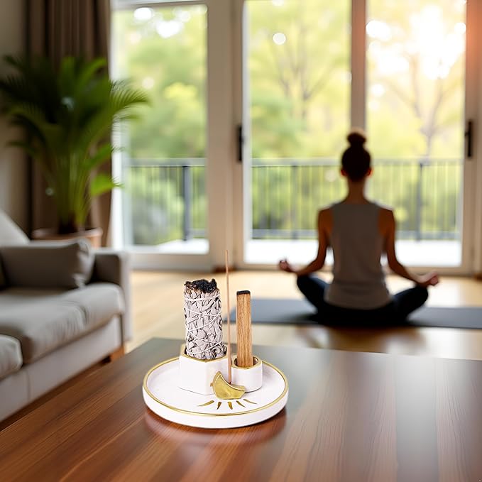 Ceramic Incense Holder Burner, Sage Holder for Burning, Palo Santo Sticks Holder, 5.51" Ash Catch Tray, Smudge Dish for Meditation Yoga, Modern Home Decor Gift