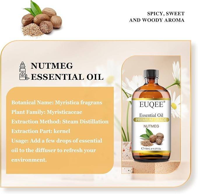 EUQEE Nutmeg Essential Oil 118ML Large Capacity Nutmeg Oil Premium Aromatherapy Essential Oils with Glass Dropper for Candle Making, Soap Making-4oz