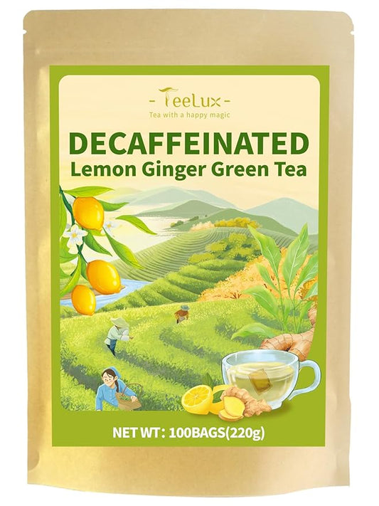 TeeLux Lemon Ginger Decaf Green Tea, Smooth Decaffeinated Green Tea with Spicy Ginger & Refreshing Natural Lemon Flavor, 100 Count