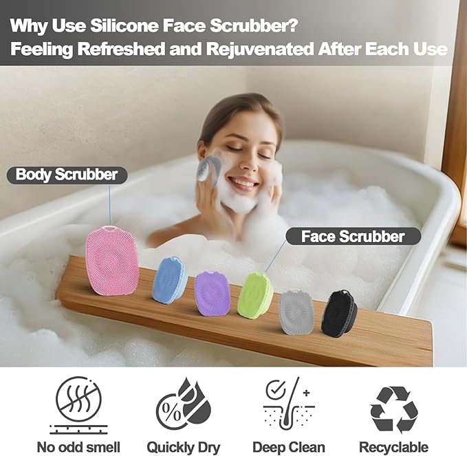 Soft Silicone Body Scrubber, Gentle Like a Hand Exfoliating Your Skin and Build Up Lather, Back Large Suction Cup Easy to Store, & Deep Clean (Body Scrubber + Face Scrubber Gray)
