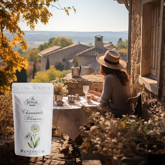 The French Touch Chamomile Tea ORGANIC | 1.5g x 30 Pyramid Bags |100% Certified USDA Organic | Plant based tea bags | Select Premium Tea | Whole Flower (Chamomile) | Caffeine-free