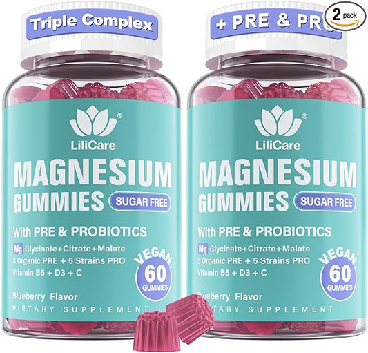 Magnesium Complex Gummies 400 mg for Women Men, Triple Calm Magnesium Glycinate Malate Citrate w/Prebiotics & Probiotics, Vitamin B6 D3, Chelated Magnesium Supplement Gummy - Vegan, Sugar Free, 120Ct
