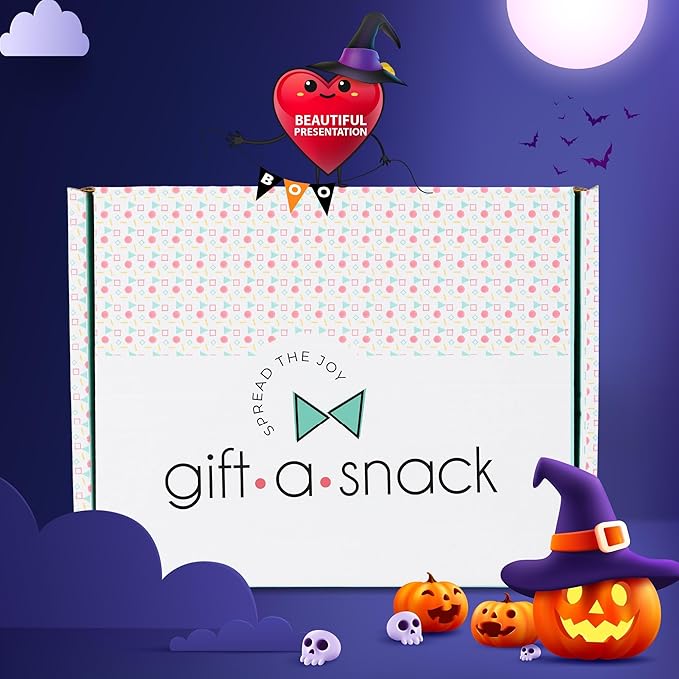 Gift A Snack - Halloween Candies Trick or Treats, Snack Box Care Package + Greeting Card (45 Count) Sweet Treats Gift Basket, Corn Candy Scary Spiders Stuffers Chips - Food Assortments