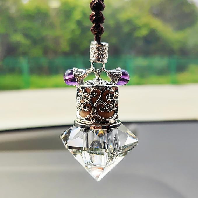 Car Air Freshener Diffuser Hanging Ornament, Diamond-Shaped Empty Crystal Bottle Car Mirror Hanging Accessories, Elegant Bottle Pendant with Wooden Caps Rear View Mirror Accessories