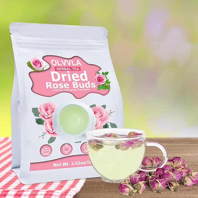Olvvla - Dried Rose Bud For Fragrant Herbal Tea - 3.52oz/100g - Delicate Sweet and Refreshing - Natural Pink Rosebud Flower for Tisane, Decorative Desserts