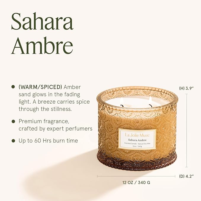 LA JOLIE MUSE Sahara Amber Candle – Bergamot, Clove & Amber | 12 oz Large 2-Wick Soy Wax Candle | 60 Hours Clean Burn | Gift-Ready for Hosts & Gatherings | Elegant Home Décor