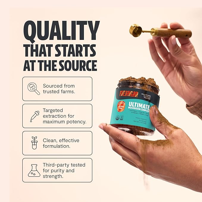 FreshCap Mushrooms Ultimate Mushroom Supplement Powder 12,000mg - Nootropic Organic Mushroom Complex for Focus & Memory, Brain Support Supplement, Ayurveda Mushroom Powder Extract (60 Servings)