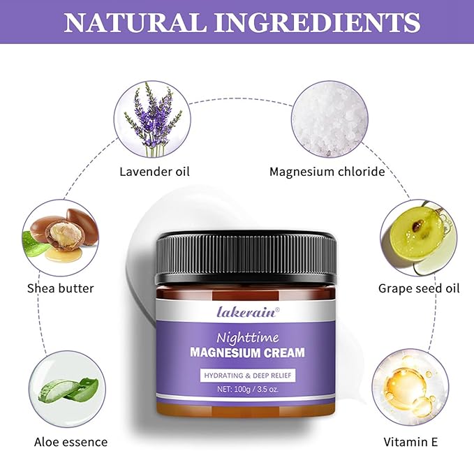 Nighttime Magnesium Cream, Hydrating and Non-Greasy Lavender Topical Magnesium Cream & Body Lotion with Shea Butter and Vitamin E, Relaxation and Sweet Sleep, 3.5 oz