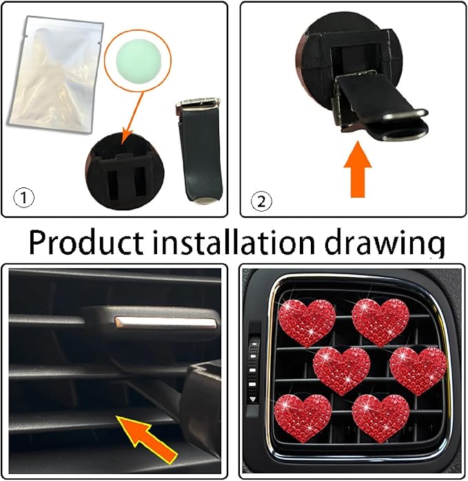 6 Pcs Heart-Shaped Crystal Diamond Air Vent Clip, Heart-Shaped Bling Charms Crystal Car Freshening Diffuser, Car Bling Interior Decorative Accessories for Women (Red)