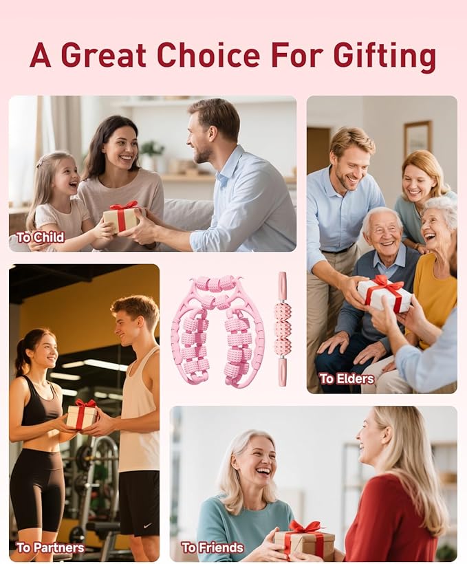 Massage Roller for Legs,21 Wheel Circular Leg Clamp+3 Wheel Massage Roller Stick Lymphatic Massage for Relieve Soreness Stiffness Tight Muscles Deep Tissue-Pink