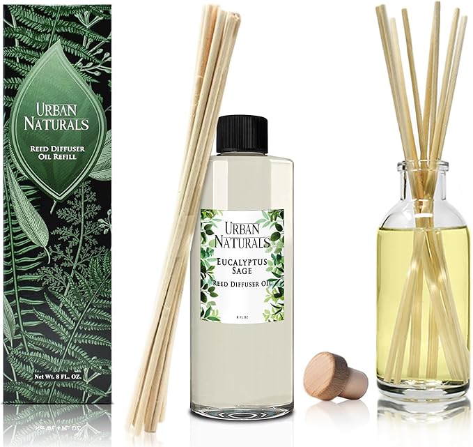 Urban Naturals Reed Diffuser Oil Refill Eucalyptus Sage with Mint, Lime, Cedarwood 8 oz + Free Reed Sticks, Made in The USA