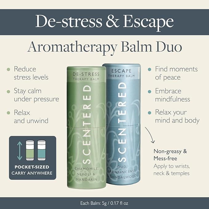 Scentered Aromatherapy Balm Stick Duo for Stress-Relief & Meditation - Roll On Essential Oil Blends of Frankincense, Oud, Chamomile - Aromatherapy Gifts for Women - De-Stress & Escape