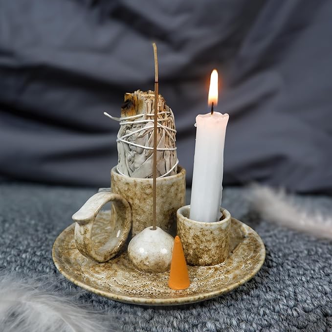 5.1Inch 5-in-1 Ceramic Smudge Bowl Brown - Incense Stick Holder, Small Candle Holder, Smudge Bowl/Dish, Fits Palo Santo, Sage.Zen Altar for Meditation/Yoga, Aromatic Scents, Easy to Clean