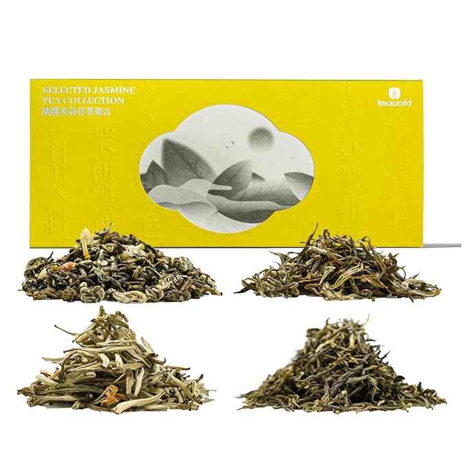 iTeaworld Jasmine Green Tea Loose Leaf Samplers Set, With Different Flowery Aromas, No Sweetener, Sweet After Taste, 4 Different Grades of Jasmine Tea Loose Leaf, 16 Pack/56g