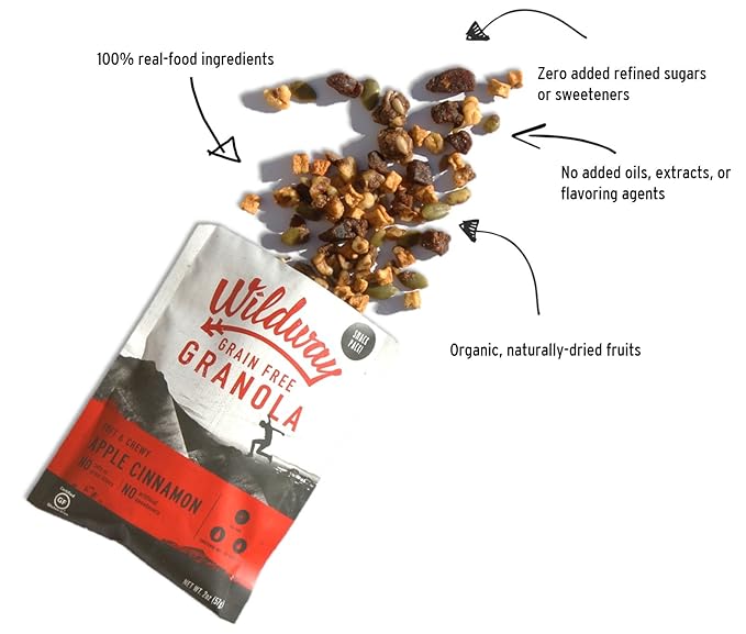 Wildway Keto Granola Snack Packs| Apple Cinnamon | Grain-Free Certified Gluten-Free Cereal | Vegan, Low Carb & No Sugar Added | Paleo-Friendly, Non-GMO Fruit & Nut Clusters | Nutrient-Rich | 4 Pack
