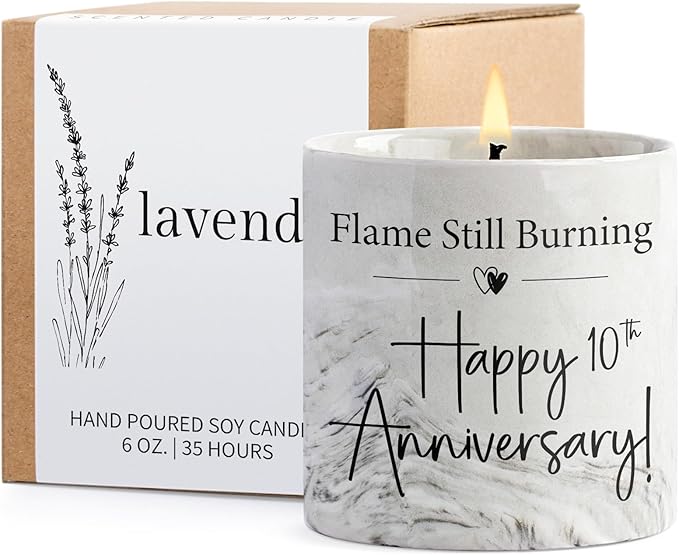 10th Anniversary Candle - 10th Anniversary Present for Him, Her, Wife, Husband, 10 Year Aniversario Gifts for Men & Women, Couple - 6 Oz Porcelain Lavender Candle