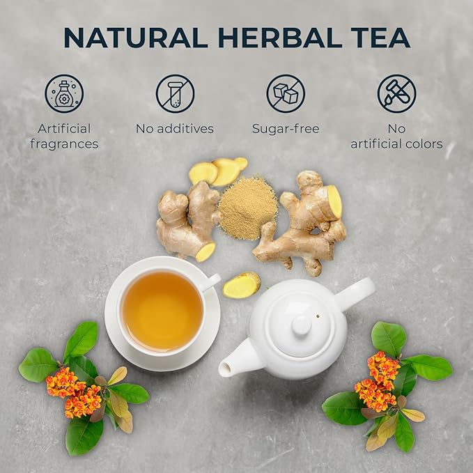 Pure Ginger Tea Bags with Celastrus Hindsii - 55 Count (+5 Tea Bags) - 5.15 oz, Re-Steep Herbal Tea Blend, Corn Based Bags, Bamboo Tong Include, No Sugar Added, Natural Ginger Tea