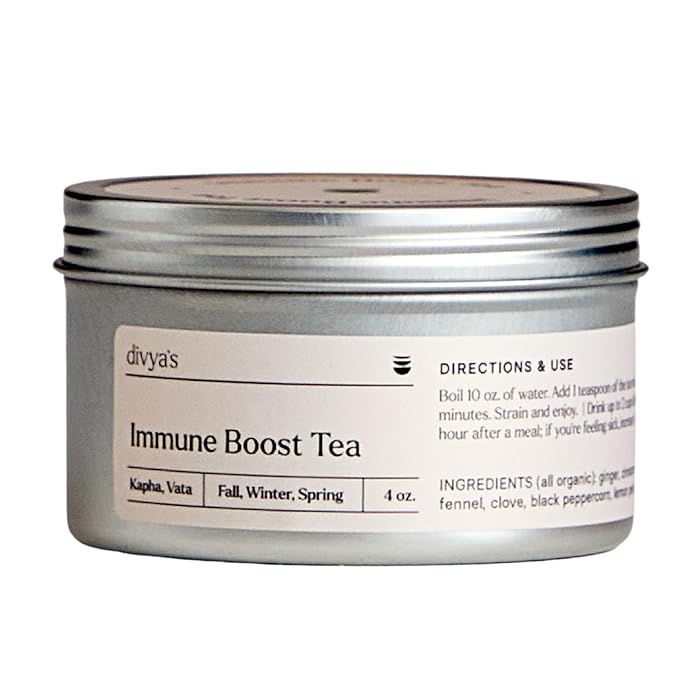 Divya's Immunity Tea - Ayurvedic Herbal Ginger Tea with Immune Boosting Herbs, Helps with Cough & Congestion, Sluggishness, and Sore Throat - Caffeine Free Blended Loose Leaf Cinnamon Tea Organic, Non-GMO