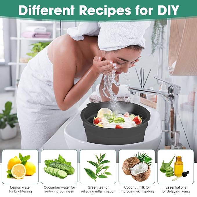 Face Bowl for Ice Silicone Facial Bowls with Built - in Tray Foldable Washbasin for Face Tub Plunge & Cold Plunge Quick Skin Cooling in Ice Baths -Bath Spa Tool for Home Camping Travel & Black