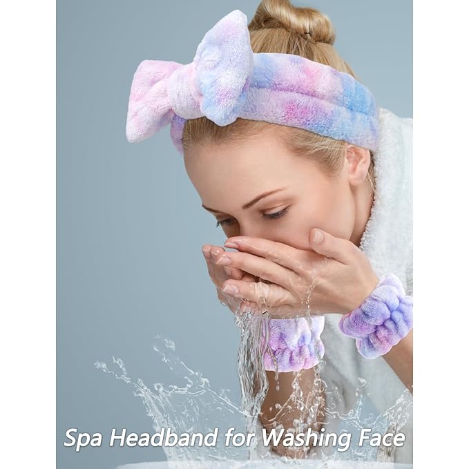 VELSCRUN 6 Pack Spa Headband, Makeup Headband, Face Wash Headbands, Skincare Headbands, Multicolour Purple Sponge Hair Band Bow Tie Spa Head Band for Washing Face Wristband Set Women Hair Accessories