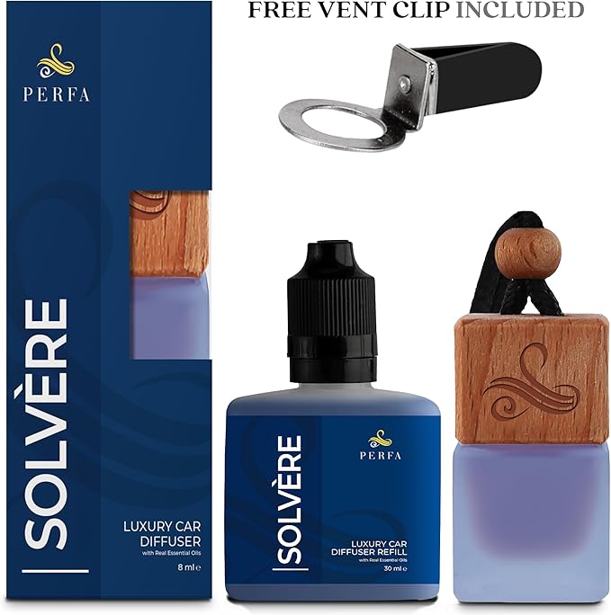 Solvère Gift Set with Refill Bottle | Automotive Air Fresheners with Solvère Fragrance | Strong Car Perfume | Odour Eliminating Car Air Fresheners by Perfa