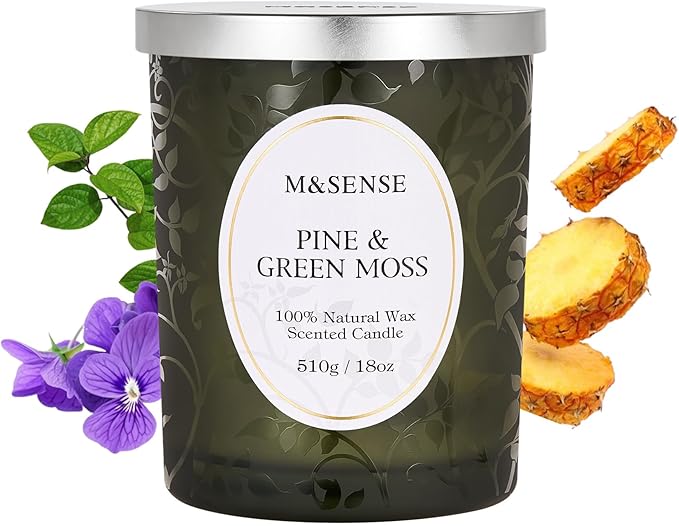 M&SENSE Pine Green Moss Strong Scented Candle, Wooden Wick Candle, 100 Hours Slow Burning No Toxin Natural Soy Wax 18oz,Calming Meditation Home Fragrance, Housewarming Gifts for Men Women