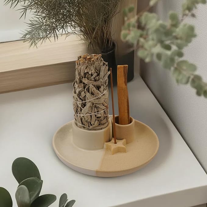 4 in 1 Incense Holder, Ceramic Incense Stick and Palo Santo Holder,Sage Holder for Burning- 5.5" Ceramic Ash Catcher Tray for Meditation and Yoga Room (Star Sand)