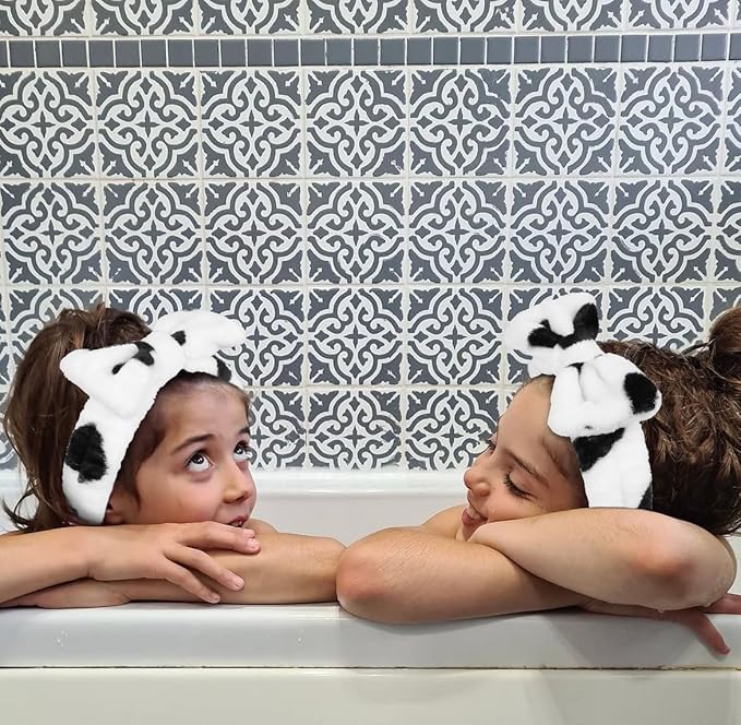 Huachi Spa Headbands for Women Washing Face, Cow Print, Soft Microfiber Hair Wrap with Bow - Skincare Headband for Girls, Makeup Application, Spa Treatments, Party Favors