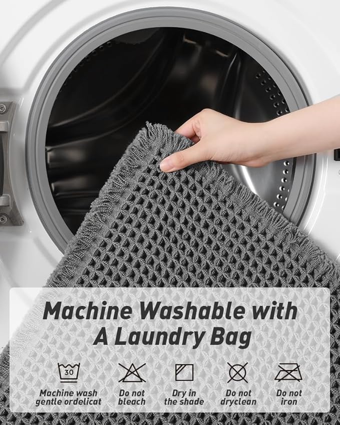 AMOAMI Upgraded Waffle Bath Mat, Super Absorbent Non Slip Bath Mats for Bathroom Floor, Machine Washable Bathroom Rugs with Tassels, Rubber Backed Bathroom Mats, Ultra Soft, 24" x 36", Dark Grey