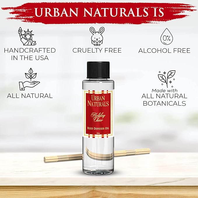 Urban Naturals Reed Diffuser Oil Refill, Holiday Cheer Diffuser Oil with Cranberry, Cinnamon, Evergreen, 4 oz + Free Reed Sticks, Made in The USA