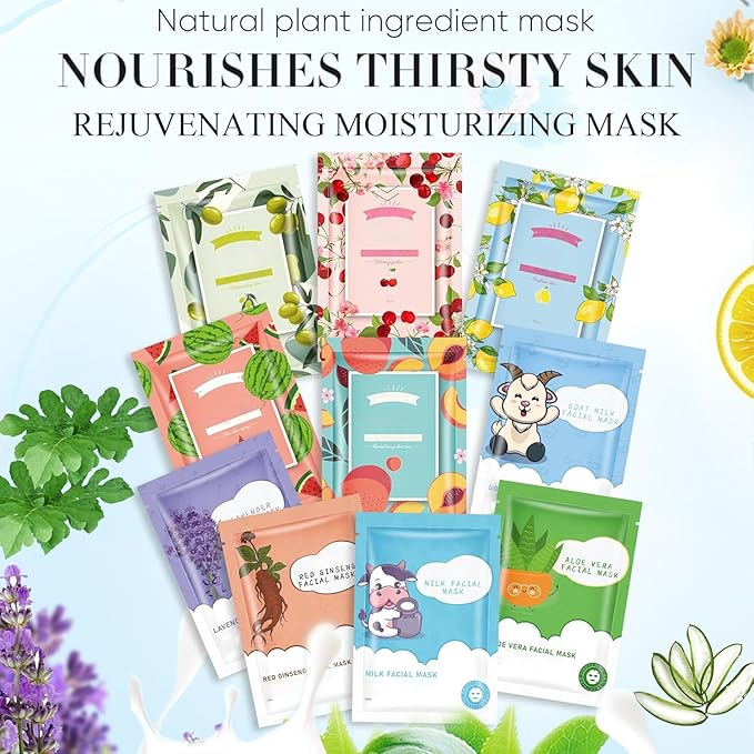 10 Sheets Face Masks Skincare for All Skin Types, Hydrating Face Masks Suitable for Sensitive Skin,Watermelon, Aloe Vera, milk, Goat, Peach, Bulk Facial Masks for Women