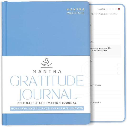 Gratitude Journal For Women & Men - Mental Health, Self Love & Self Care Journal - Blue - 5.8" x 8.3" - Mantra Planner