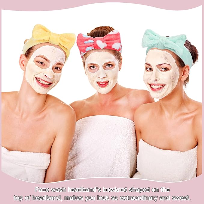 WILLBOND Spa Headband Bow Hairband Facial Makeup Women Face Wash Adjustable Skincare Headbands Flannel Towel Soft Head Wraps for Women Shower Washing Face (Stylish,24 Pieces)