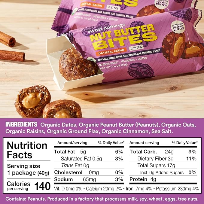 Sweet Nothings, Oatmeal Raisin, USDA Organic Nut Butter Bites Protein Bar, Nut & Date Snack, Filled with Peanut Butter, 12-2 Bite Value Packs - No Added Sugar, Plant Based, Vegan, Only 7 Ingredients
